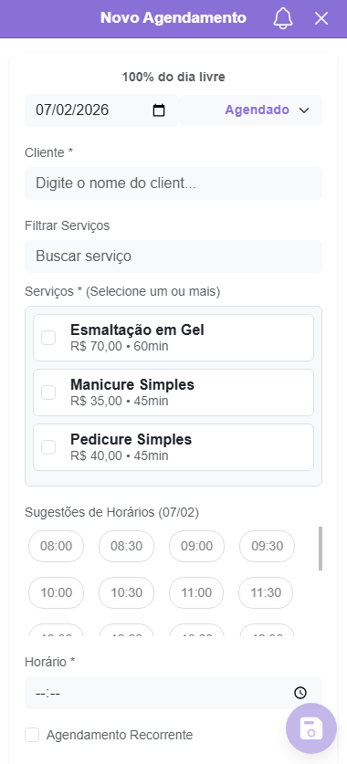 Tela de novo agendamento do ISAAgenda
